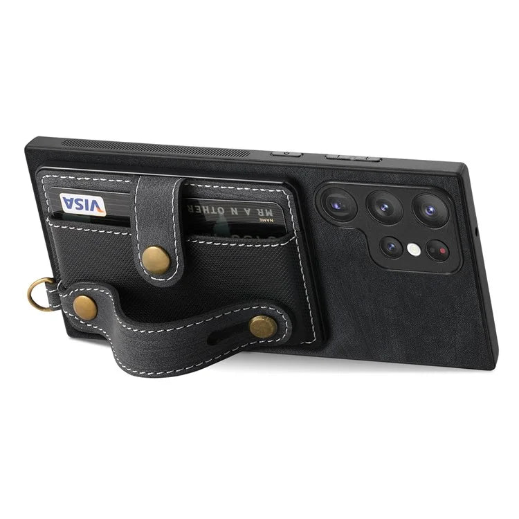 D9 For Samsung Galaxy S22 Ultra 5G Case Adjustable Strap Kickstand PU Leather+PC+TPU Phone Cover