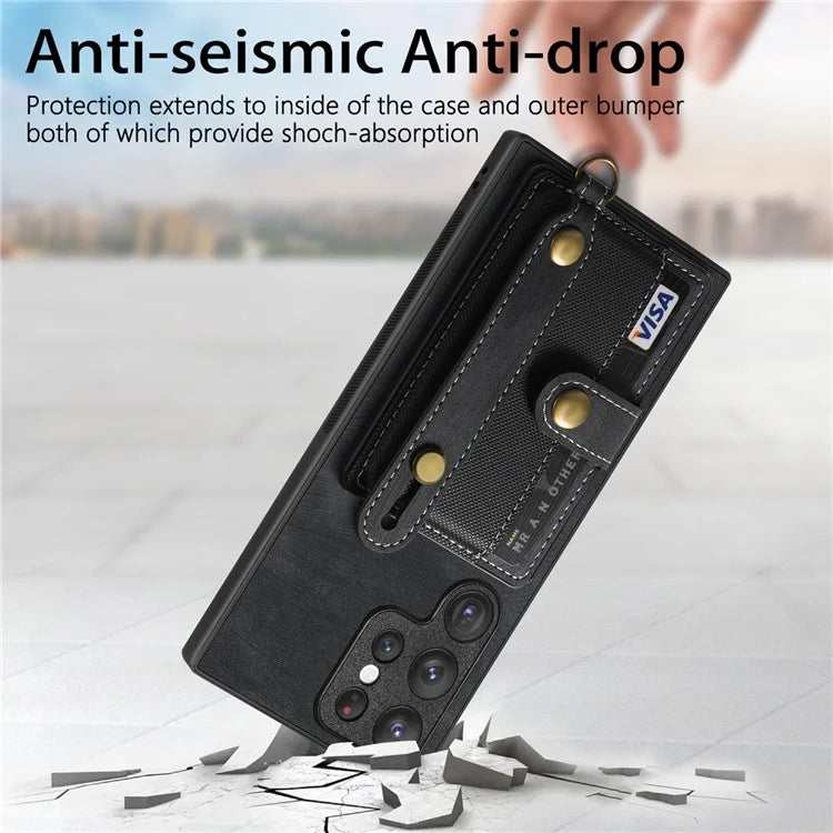 D9 For Samsung Galaxy S22 Ultra 5G Case Adjustable Strap Kickstand PU Leather+PC+TPU Phone Cover