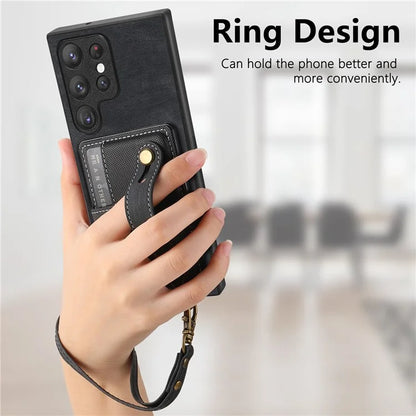 D9 For Samsung Galaxy S22 Ultra 5G Case Adjustable Strap Kickstand PU Leather+PC+TPU Phone Cover