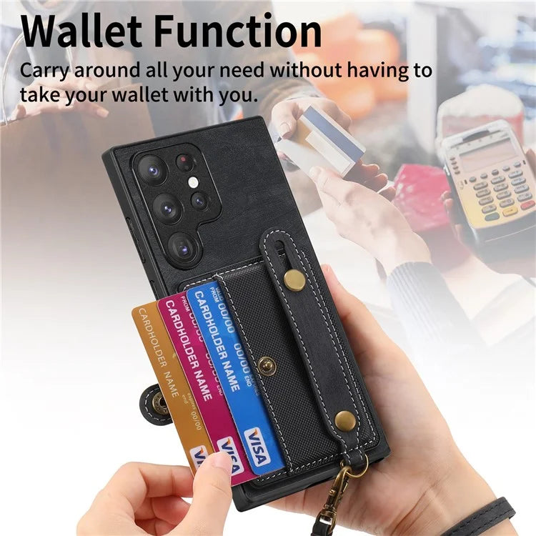 D9 For Samsung Galaxy S22 Ultra 5G Case Adjustable Strap Kickstand PU Leather+PC+TPU Phone Cover