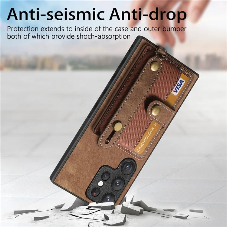 D9 For Samsung Galaxy S22 Ultra 5G Case Adjustable Strap Kickstand PU Leather+PC+TPU Phone Cover