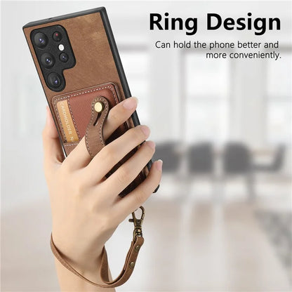 D9 For Samsung Galaxy S22 Ultra 5G Case Adjustable Strap Kickstand PU Leather+PC+TPU Phone Cover