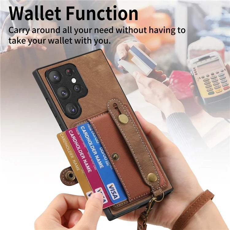 D9 For Samsung Galaxy S22 Ultra 5G Case Adjustable Strap Kickstand PU Leather+PC+TPU Phone Cover