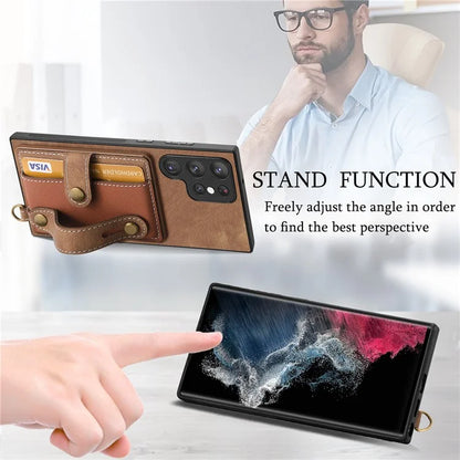 D9 For Samsung Galaxy S22 Ultra 5G Case Adjustable Strap Kickstand PU Leather+PC+TPU Phone Cover