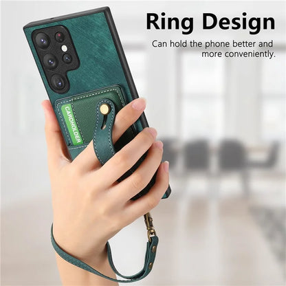 D9 For Samsung Galaxy S22 Ultra 5G Case Adjustable Strap Kickstand PU Leather+PC+TPU Phone Cover