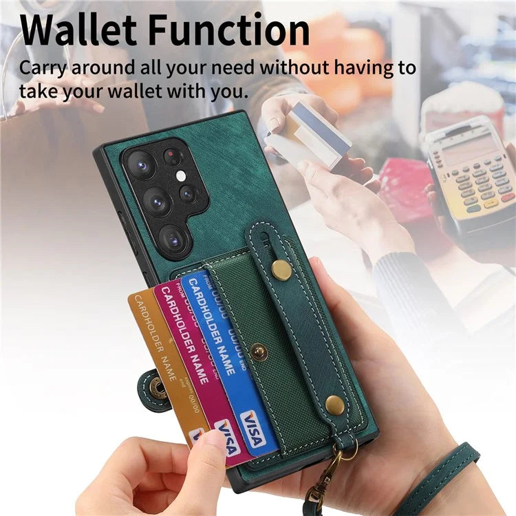 D9 For Samsung Galaxy S22 Ultra 5G Case Adjustable Strap Kickstand PU Leather+PC+TPU Phone Cover