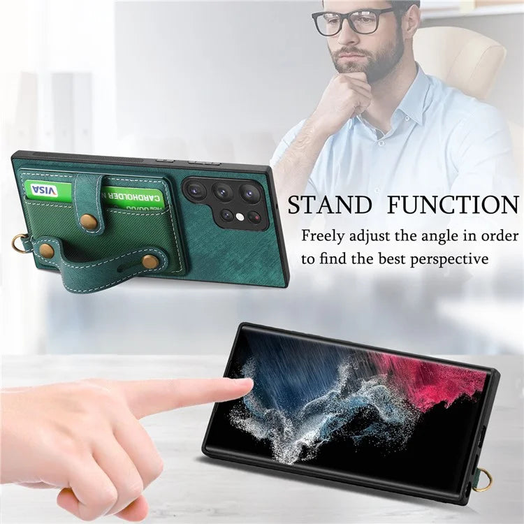D9 For Samsung Galaxy S22 Ultra 5G Case Adjustable Strap Kickstand PU Leather+PC+TPU Phone Cover