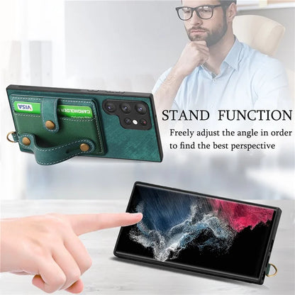 D9 For Samsung Galaxy S22 Ultra 5G Case Adjustable Strap Kickstand PU Leather+PC+TPU Phone Cover