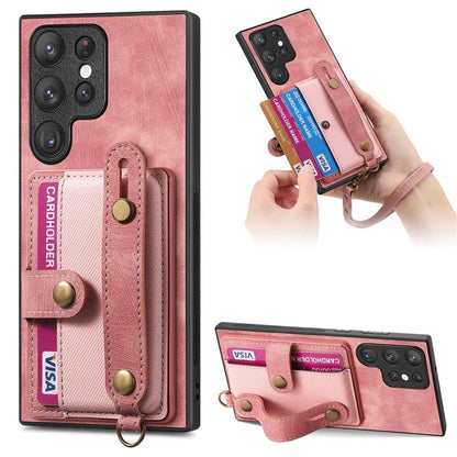 D9 For Samsung Galaxy S22 Ultra 5G Case Adjustable Strap Kickstand PU Leather+PC+TPU Phone Cover