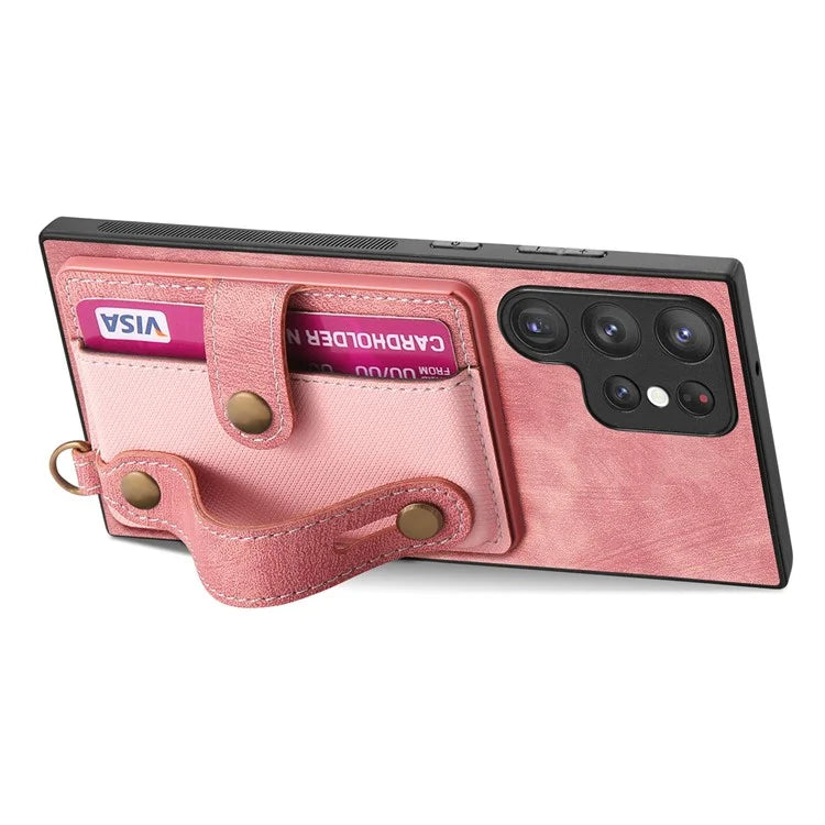 D9 For Samsung Galaxy S22 Ultra 5G Case Adjustable Strap Kickstand PU Leather+PC+TPU Phone Cover