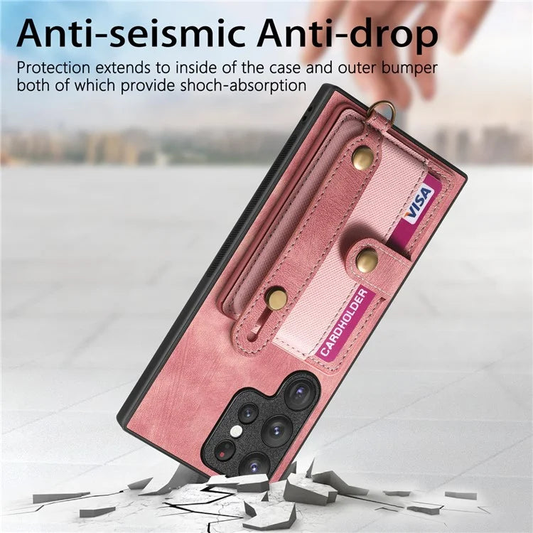 D9 For Samsung Galaxy S22 Ultra 5G Case Adjustable Strap Kickstand PU Leather+PC+TPU Phone Cover