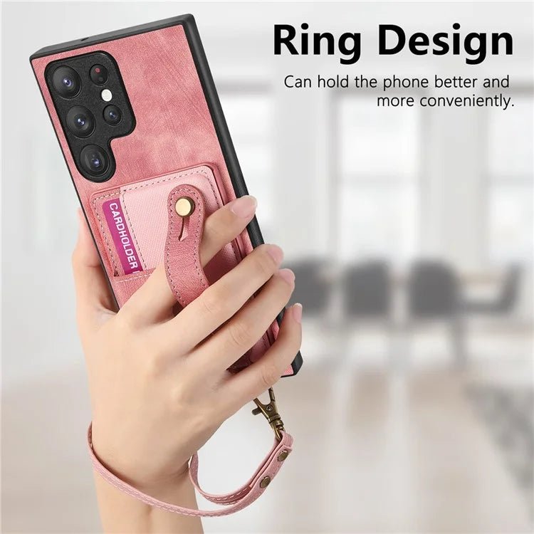D9 For Samsung Galaxy S22 Ultra 5G Case Adjustable Strap Kickstand PU Leather+PC+TPU Phone Cover