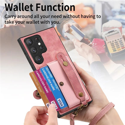 D9 For Samsung Galaxy S22 Ultra 5G Case Adjustable Strap Kickstand PU Leather+PC+TPU Phone Cover