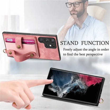 D9 For Samsung Galaxy S22 Ultra 5G Case Adjustable Strap Kickstand PU Leather+PC+TPU Phone Cover