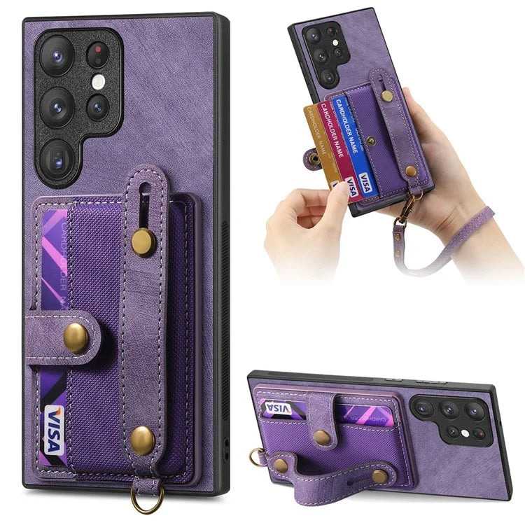 D9 For Samsung Galaxy S22 Ultra 5G Case Adjustable Strap Kickstand PU Leather+PC+TPU Phone Cover