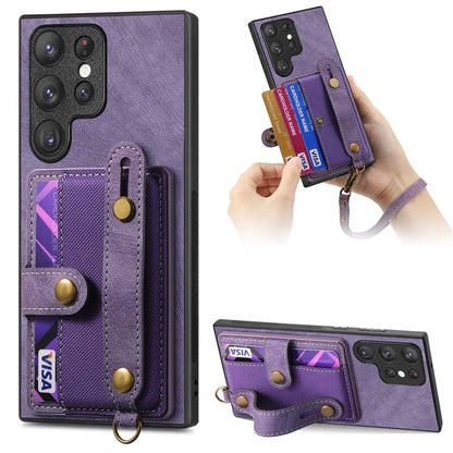 D9 For Samsung Galaxy S22 Ultra 5G Case Adjustable Strap Kickstand PU Leather+PC+TPU Phone Cover
