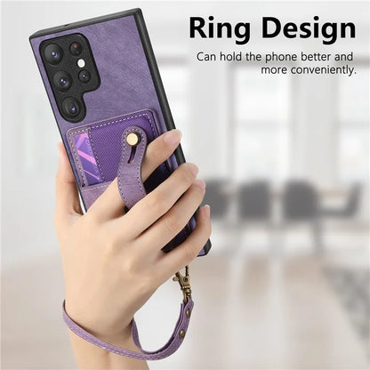 D9 For Samsung Galaxy S22 Ultra 5G Case Adjustable Strap Kickstand PU Leather+PC+TPU Phone Cover