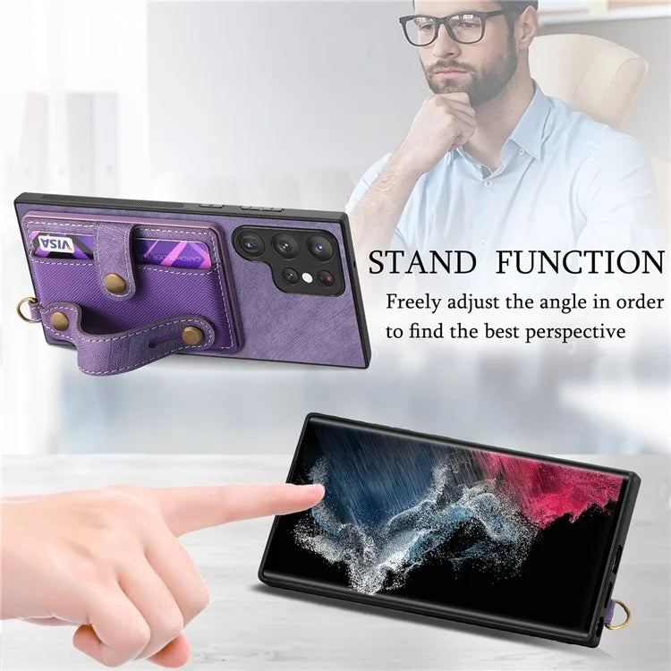 D9 For Samsung Galaxy S22 Ultra 5G Case Adjustable Strap Kickstand PU Leather+PC+TPU Phone Cover