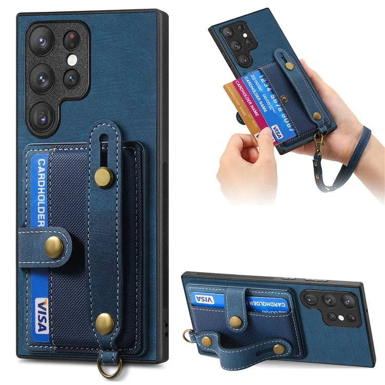 D9 For Samsung Galaxy S22 Ultra 5G Case Adjustable Strap Kickstand PU Leather+PC+TPU Phone Cover