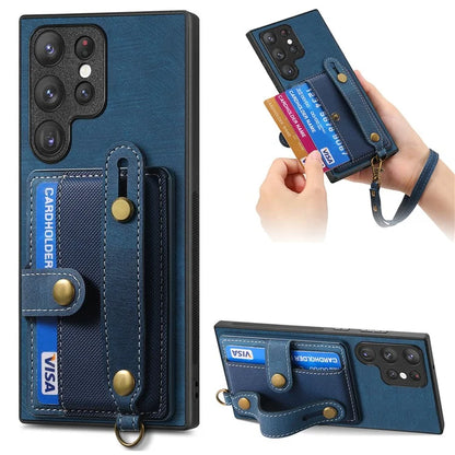 D9 For Samsung Galaxy S22 Ultra 5G Case Adjustable Strap Kickstand PU Leather+PC+TPU Phone Cover