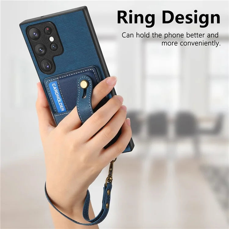 D9 For Samsung Galaxy S22 Ultra 5G Case Adjustable Strap Kickstand PU Leather+PC+TPU Phone Cover