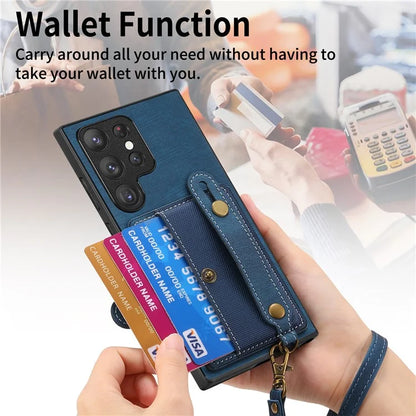 D9 For Samsung Galaxy S22 Ultra 5G Case Adjustable Strap Kickstand PU Leather+PC+TPU Phone Cover