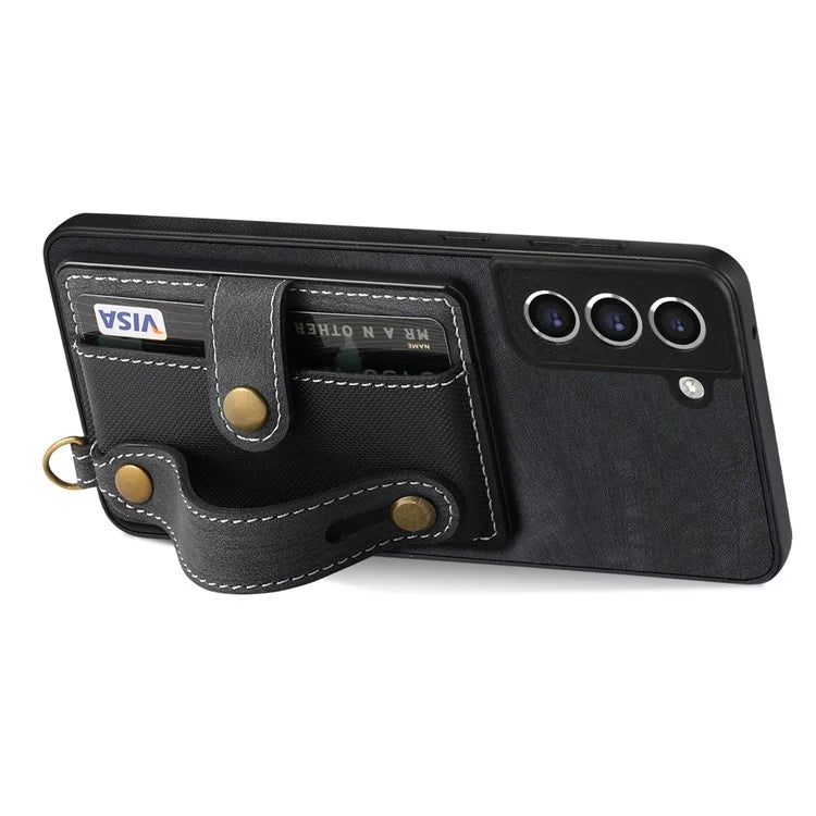 D9 For Samsung Galaxy S21 FE 5G Case PU Leather Card Holder Back Cover with Hand Strap