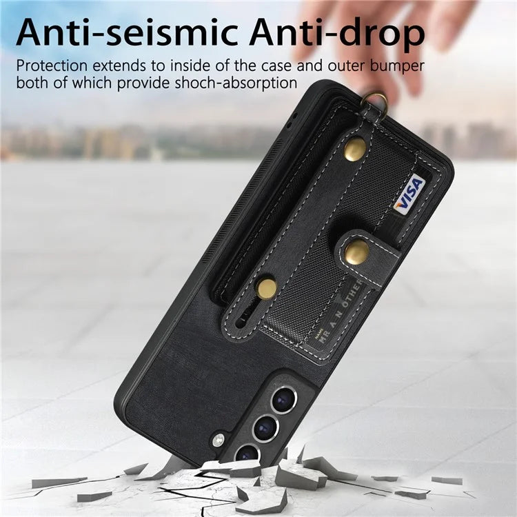 D9 For Samsung Galaxy S21 FE 5G Case PU Leather Card Holder Back Cover with Hand Strap