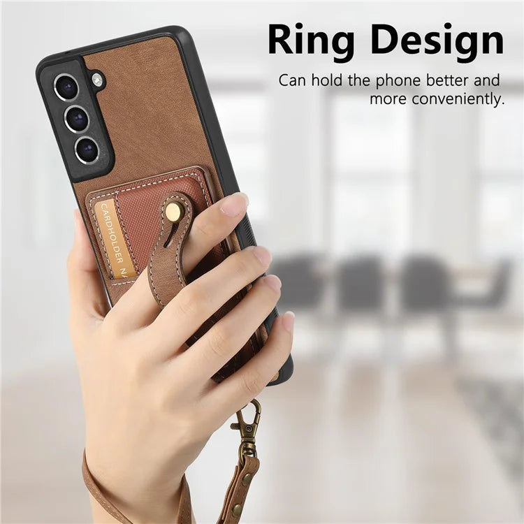 D9 For Samsung Galaxy S21 FE 5G Case PU Leather Card Holder Back Cover with Hand Strap