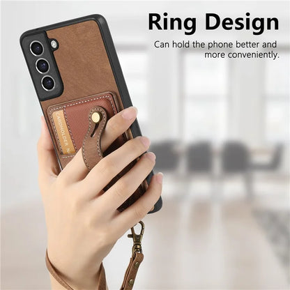 D9 For Samsung Galaxy S21 FE 5G Case PU Leather Card Holder Back Cover with Hand Strap