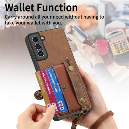 D9 For Samsung Galaxy S21 FE 5G Case PU Leather Card Holder Back Cover with Hand Strap