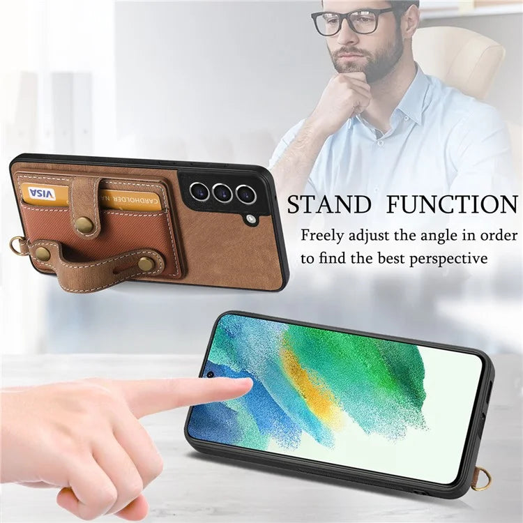 D9 For Samsung Galaxy S21 FE 5G Case PU Leather Card Holder Back Cover with Hand Strap