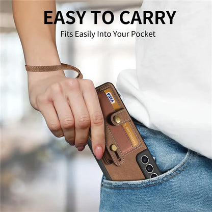 D9 For Samsung Galaxy S21 FE 5G Case PU Leather Card Holder Back Cover with Hand Strap