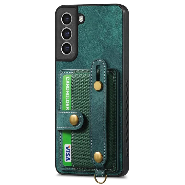 D9 For Samsung Galaxy S21 FE 5G Case PU Leather Card Holder Back Cover with Hand Strap