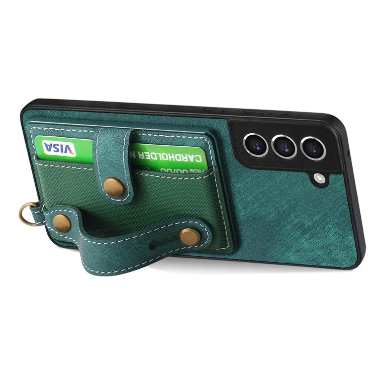D9 For Samsung Galaxy S21 FE 5G Case PU Leather Card Holder Back Cover with Hand Strap