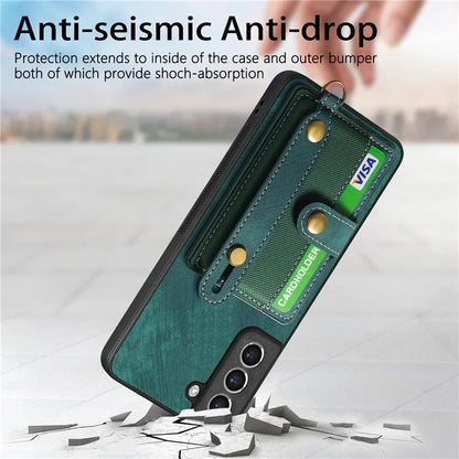 D9 For Samsung Galaxy S21 FE 5G Case PU Leather Card Holder Back Cover with Hand Strap