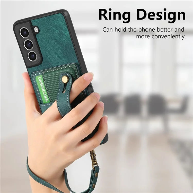 D9 For Samsung Galaxy S21 FE 5G Case PU Leather Card Holder Back Cover with Hand Strap