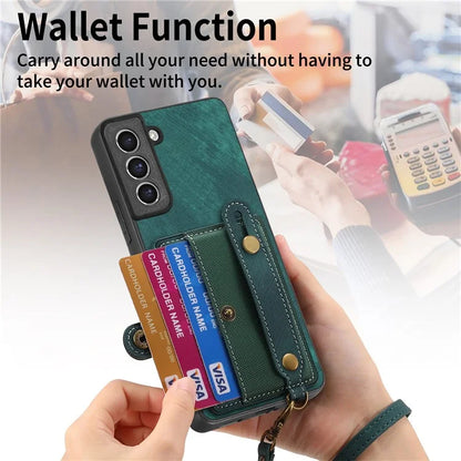 D9 For Samsung Galaxy S21 FE 5G Case PU Leather Card Holder Back Cover with Hand Strap