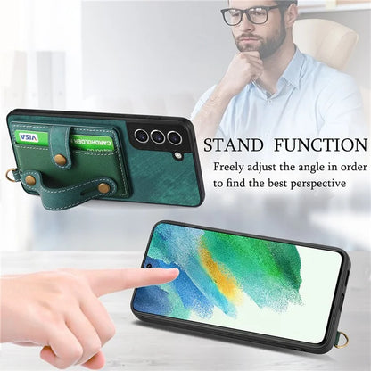 D9 For Samsung Galaxy S21 FE 5G Case PU Leather Card Holder Back Cover with Hand Strap