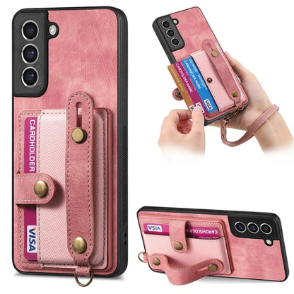 D9 For Samsung Galaxy S21 FE 5G Case PU Leather Card Holder Back Cover with Hand Strap