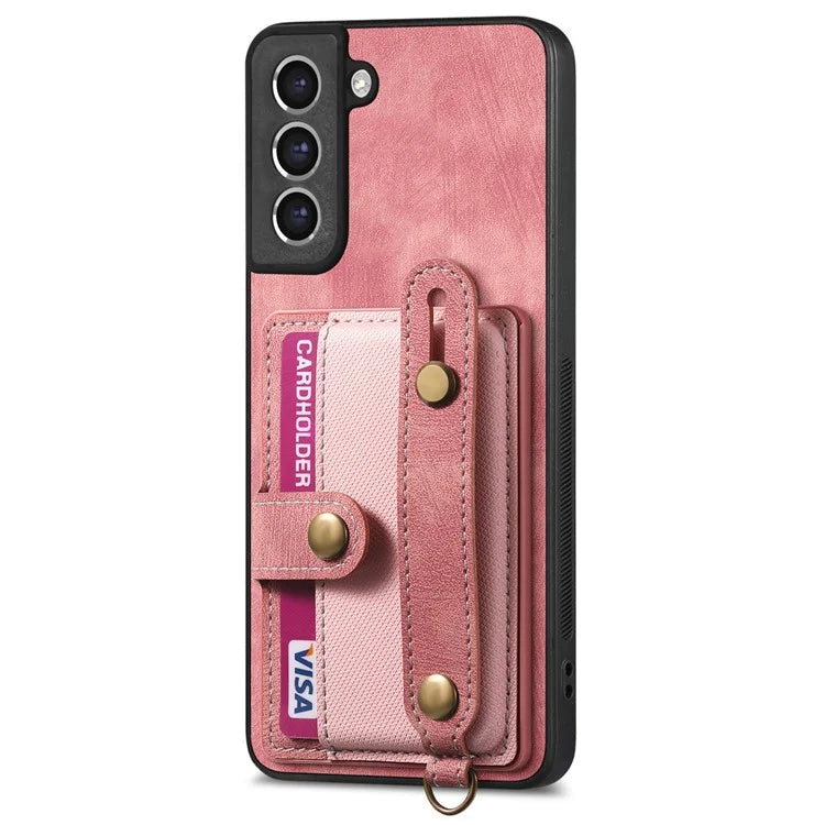D9 For Samsung Galaxy S21 FE 5G Case PU Leather Card Holder Back Cover with Hand Strap