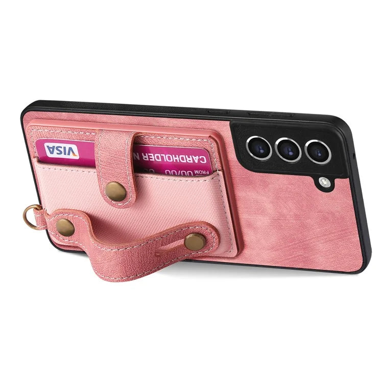 D9 For Samsung Galaxy S21 FE 5G Case PU Leather Card Holder Back Cover with Hand Strap