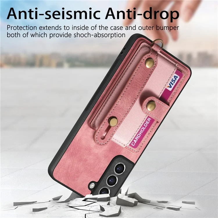 D9 For Samsung Galaxy S21 FE 5G Case PU Leather Card Holder Back Cover with Hand Strap