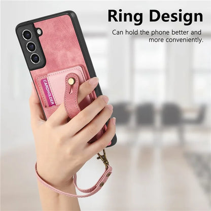 D9 For Samsung Galaxy S21 FE 5G Case PU Leather Card Holder Back Cover with Hand Strap
