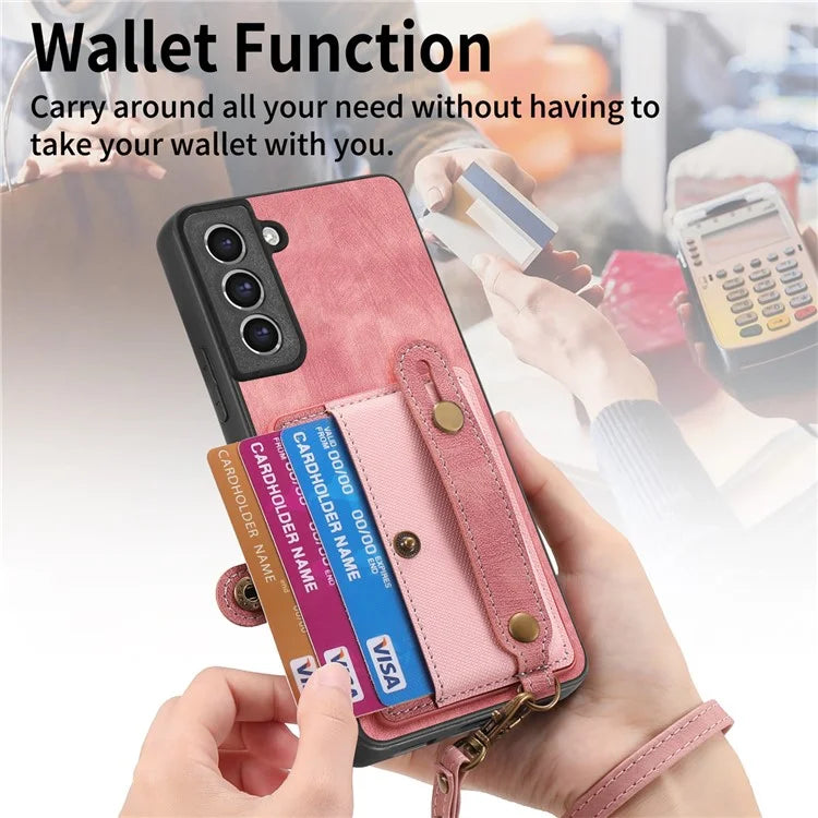D9 For Samsung Galaxy S21 FE 5G Case PU Leather Card Holder Back Cover with Hand Strap