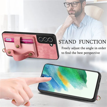 D9 For Samsung Galaxy S21 FE 5G Case PU Leather Card Holder Back Cover with Hand Strap