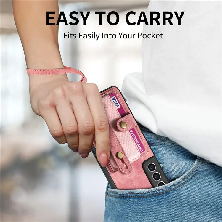 D9 For Samsung Galaxy S21 FE 5G Case PU Leather Card Holder Back Cover with Hand Strap