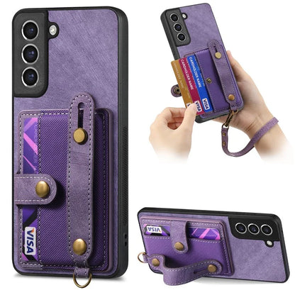 D9 For Samsung Galaxy S21 FE 5G Case PU Leather Card Holder Back Cover with Hand Strap
