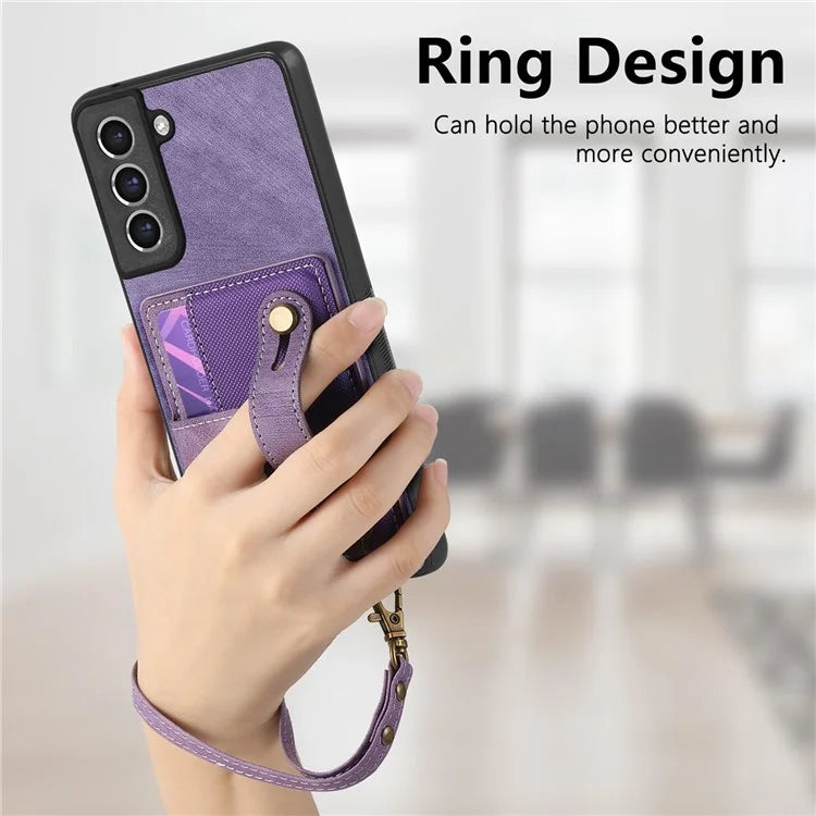 D9 For Samsung Galaxy S21 FE 5G Case PU Leather Card Holder Back Cover with Hand Strap