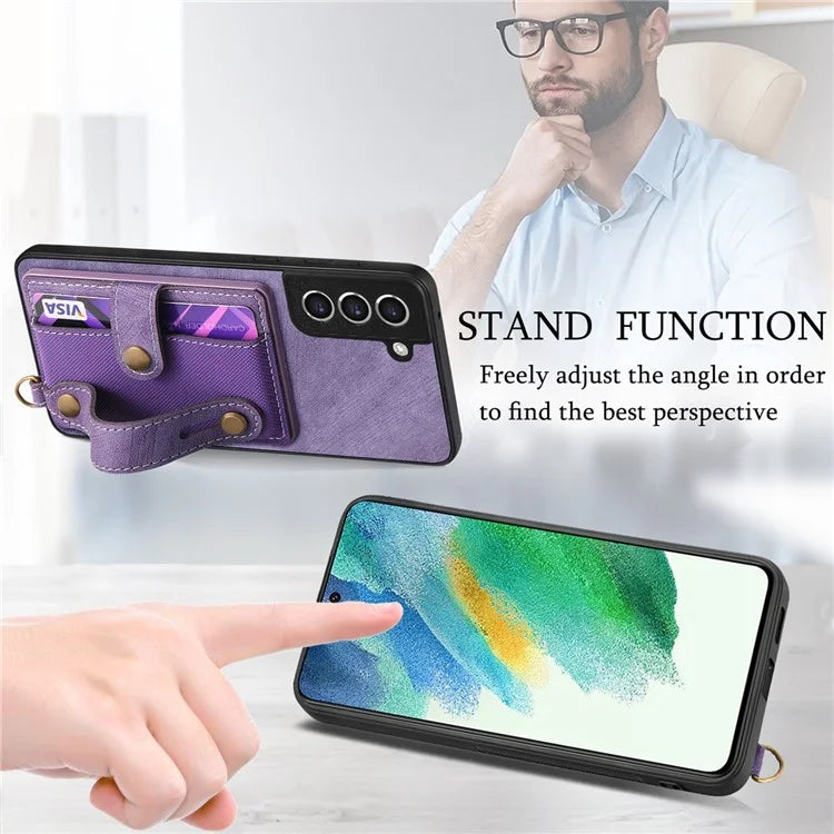 D9 For Samsung Galaxy S21 FE 5G Case PU Leather Card Holder Back Cover with Hand Strap